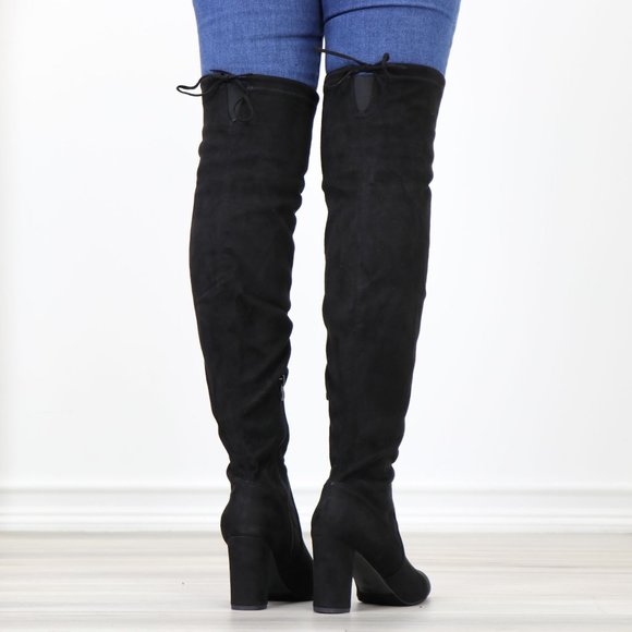 Black Thigh High Over The Knee  Block High Heel Boots Pointy Toe Faux Suede - Picture 8 of 15